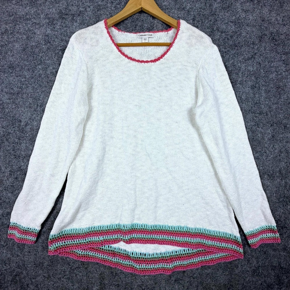Coldwater Creek Sweater Womens Large White‎ Cotton Round Neck Crochet Pullover